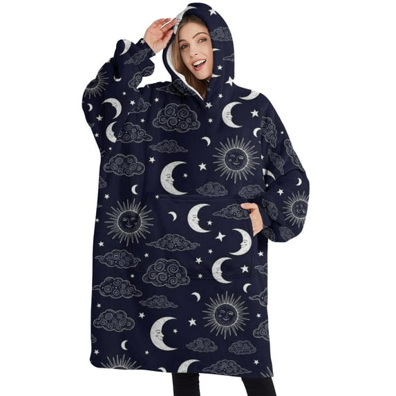 Oversized Wearable Blanket Hoodie,Dark Blue Sun Moon Cloud Pattern Sherpa Blanket Hoodie with Super Pockets,Super Warm Fuzzy Pullover for Women & Men