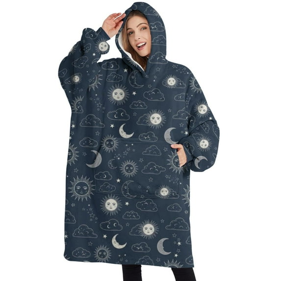 Oversized Wearable Blanket Hoodie,Dark Blue Sun Moon Cloud Pattern Sherpa Blanket Hoodie with Super Pockets,Super Warm Fuzzy Pullover for Women & Men