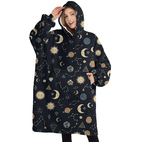 Oversized Wearable Blanket Hoodie,Dark Blue Sun Moon Cloud Star Pattern Sherpa Blanket Hoodie with Super Pockets,Super Warm Fuzzy Pullover for Women & Men