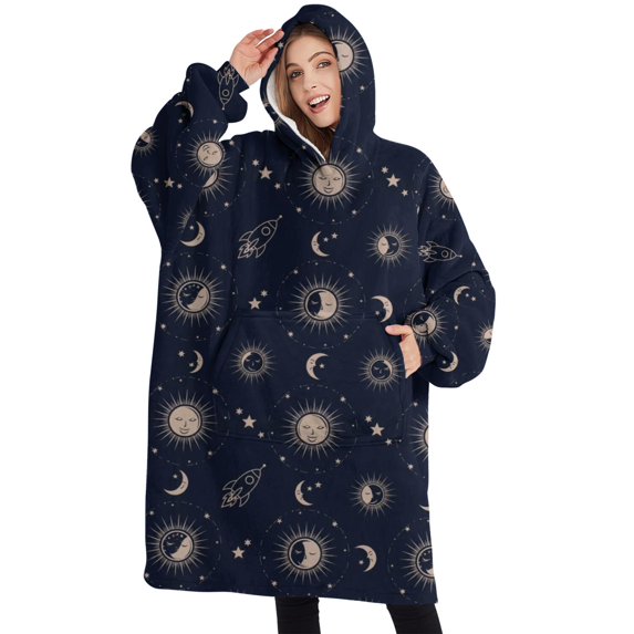 Oversized Wearable Blanket Hoodie,Dark Blue Sun Moon Rocket Pattern Sherpa Blanket Hoodie with Super Pockets,Super Warm Fuzzy Pullover for Women & Men