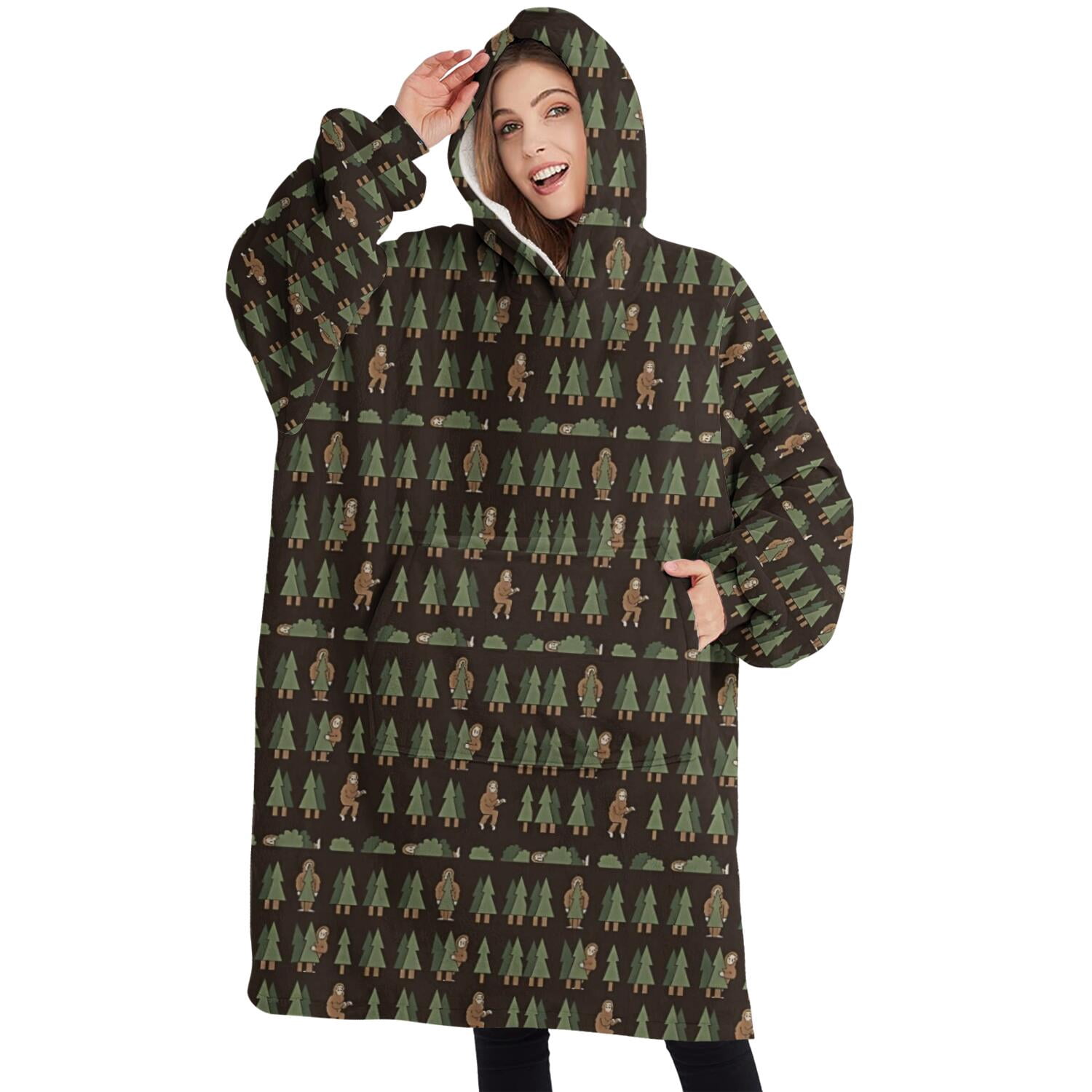 Oversized Wearable Blanket Hoodie,Dark Brown Bigfoot and Tree Pattern Sherpa Blanket Hoodie with Super Pockets,Super Warm Fuzzy Pullover for Women & Men