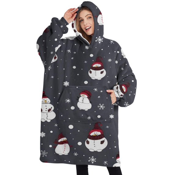 Oversized Wearable Blanket Hoodie,Dark Christmas Snowman Pattern Sherpa Blanket Hoodie with Super Pockets,Super Warm Fuzzy Pullover for Women & Men