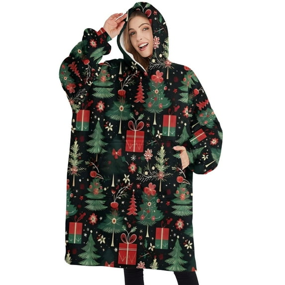 Oversized Wearable Blanket Hoodie,Dark Christmas Tree and Gift Pattern Sherpa Blanket Hoodie with Super Pockets,Super Warm Fuzzy Pullover for Women & Men