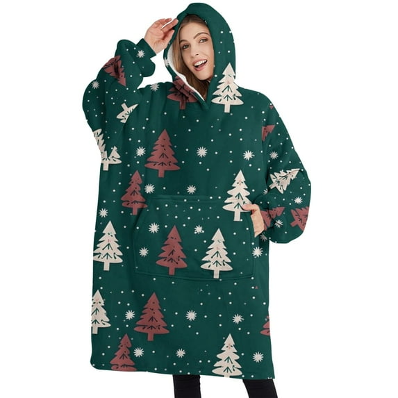 Oversized Wearable Blanket Hoodie,Dark Green Christmas Tree Pattern Sherpa Blanket Hoodie with Super Pockets,Super Warm Fuzzy Pullover for Women & Men