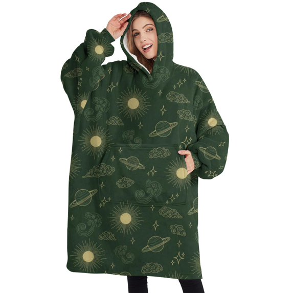 Oversized Wearable Blanket Hoodie,Dark Green Sun Planet Star Cloud Pattern Sherpa Blanket Hoodie with Super Pockets,Super Warm Fuzzy Pullover for Women & Men