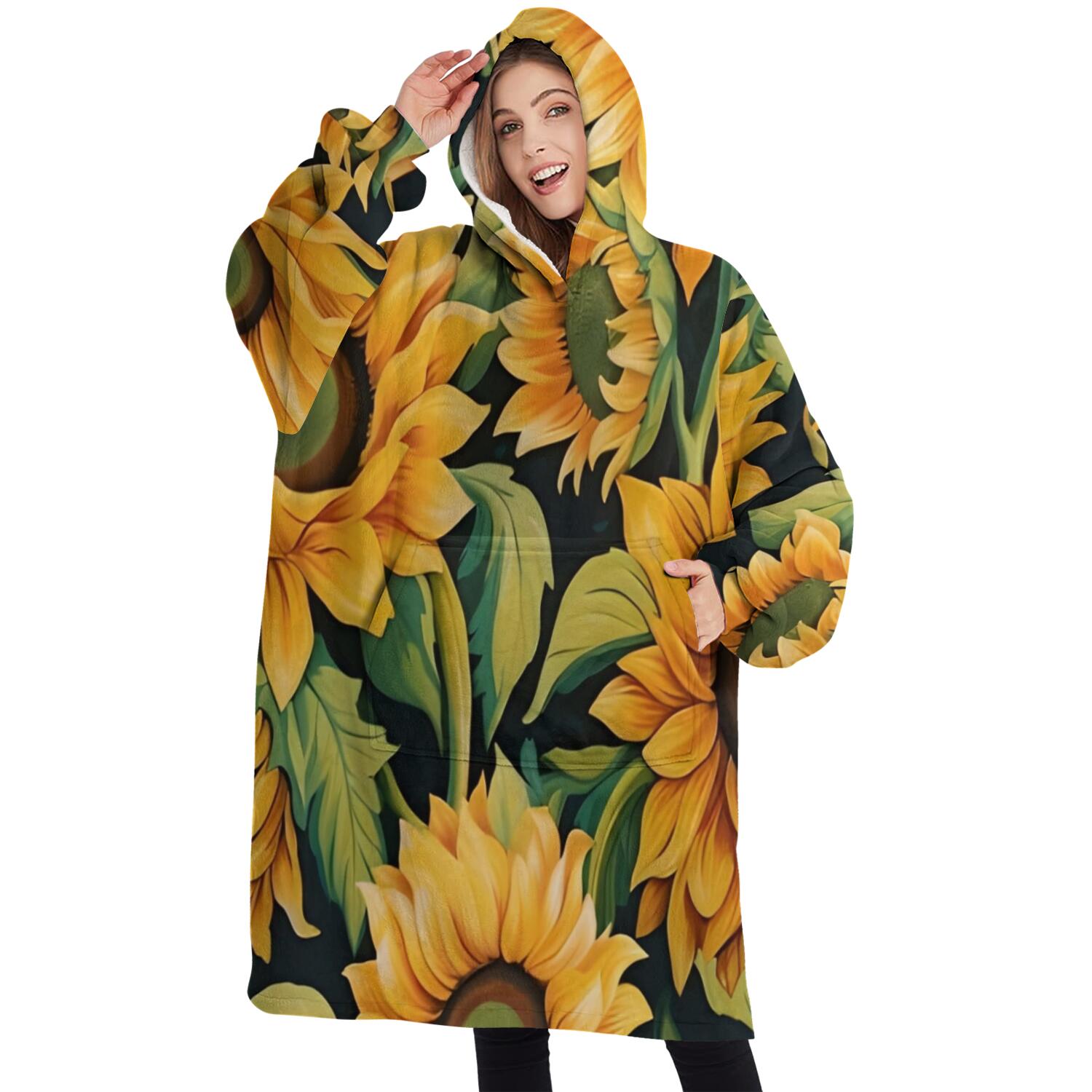 Oversized Wearable Blanket Hoodie,Dark Green Sunflower Pattern Sherpa Blanket Hoodie with Super Pockets,Super Warm Fuzzy Pullover for Women & Men