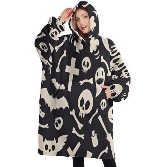 Oversized Wearable Blanket Hoodie,Dark Halloween Ghosts Skulls and Bats Sherpa Blanket Hoodie with Super Pockets,Super Warm Fuzzy Pullover for Women & Men