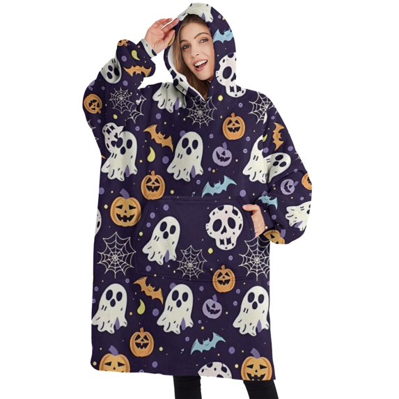 Oversized Wearable Blanket Hoodie,Dark Halloween Pattern Sherpa Blanket Hoodie with Super Pockets,Super Warm Fuzzy Pullover for Women & Men