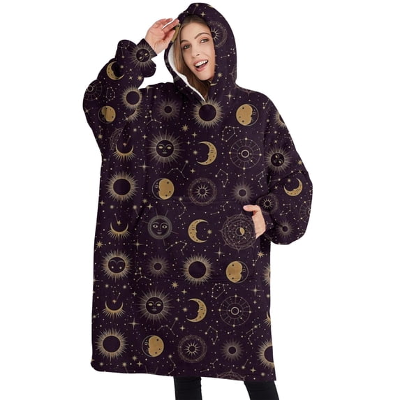 Oversized Wearable Blanket Hoodie,Dark Purple Sun Moon Star Pattern Sherpa Blanket Hoodie with Super Pockets,Super Warm Fuzzy Pullover for Women & Men