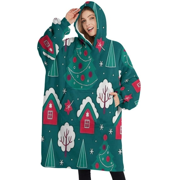 Oversized Wearable Blanket Hoodie,Dark Teal Christmas Village Pattern Sherpa Blanket Hoodie with Super Pockets,Super Warm Fuzzy Pullover for Women & Men