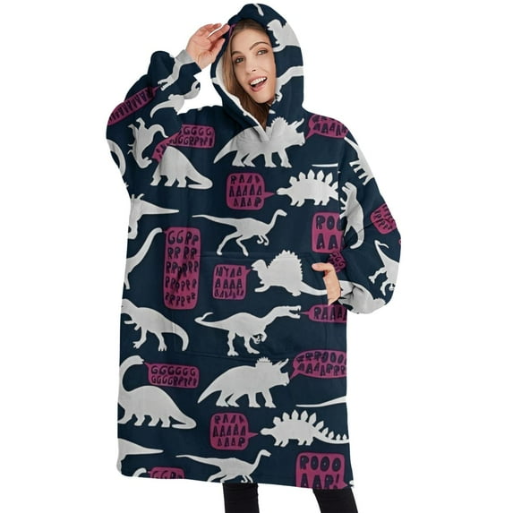 Oversized Wearable Blanket Hoodie,DarkBlue Cartoon Dinosaurs SpeechBubbles Pattern Sherpa Blanket Hoodie with Super Pockets,Super Warm Fuzzy Pullover for Women & Men