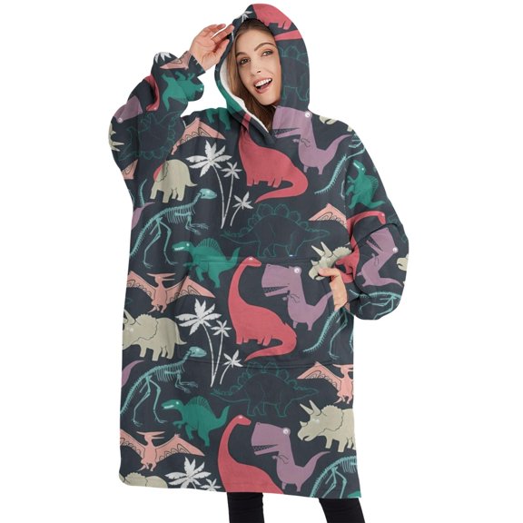 Oversized Wearable Blanket Hoodie,DarkBlue Colorful Dinosaurs Plants Pattern Sherpa Blanket Hoodie with Super Pockets,Super Warm Fuzzy Pullover for Women & Men