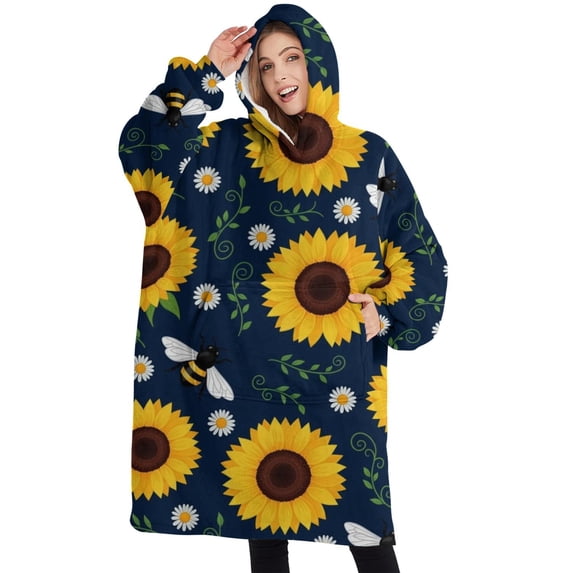 Oversized Wearable Blanket Hoodie,DarkBlue Sunflower Bee Pattern Sherpa Blanket Hoodie with Super Pockets,Super Warm Fuzzy Pullover for Women & Men
