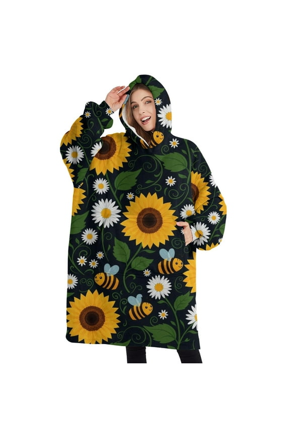 Oversized Wearable Blanket Hoodie,DarkBlue Sunflower Bee Pattern Sherpa Blanket Hoodie with Super Pockets,Super Warm Fuzzy Pullover for Women & Men