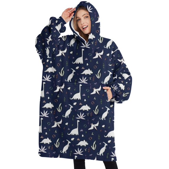 Oversized Wearable Blanket Hoodie,DarkBlue White Dinosaurs Plants Pattern Sherpa Blanket Hoodie with Super Pockets,Super Warm Fuzzy Pullover for Women & Men