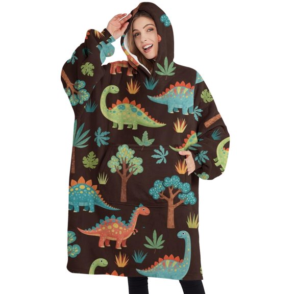 Oversized Wearable Blanket Hoodie,DarkBrown Cartoon Dinosaurs Forest Pattern Sherpa Blanket Hoodie with Super Pockets,Super Warm Fuzzy Pullover for Women & Men