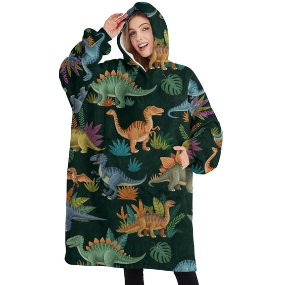 Oversized Wearable Blanket Hoodie,DarkGreen Cartoon Dinosaurs Jungle Pattern Sherpa Blanket Hoodie with Super Pockets,Super Warm Fuzzy Pullover for Women & Men