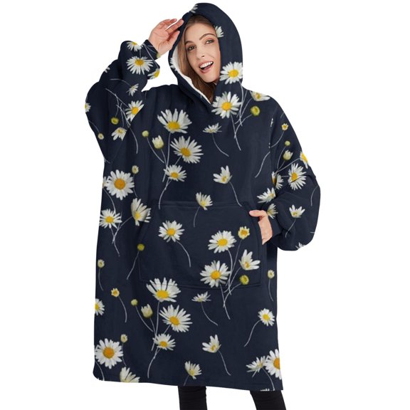Oversized Wearable Blanket Hoodie,Darkblue Daisy Flower Yellow Centers Pattern Sherpa Blanket Hoodie with Super Pockets,Super Warm Fuzzy Pullover for Women & Men