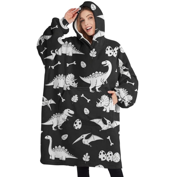 Oversized Wearable Blanket Hoodie,Dinosaur Silhouette Pattern Sherpa Blanket Hoodie with Super Pockets,Super Warm Fuzzy Pullover for Women & Men