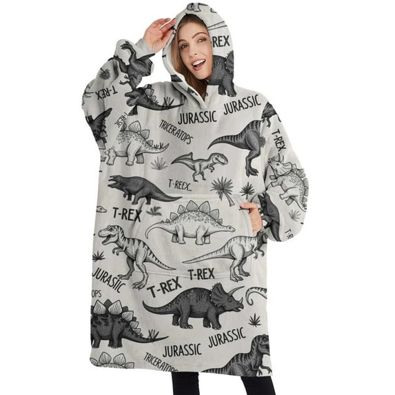 Oversized Wearable Blanket Hoodie,Dinosaurs Jurassic Text Pattern Sherpa Blanket Hoodie with Super Pockets,Super Warm Fuzzy Pullover for Women & Men