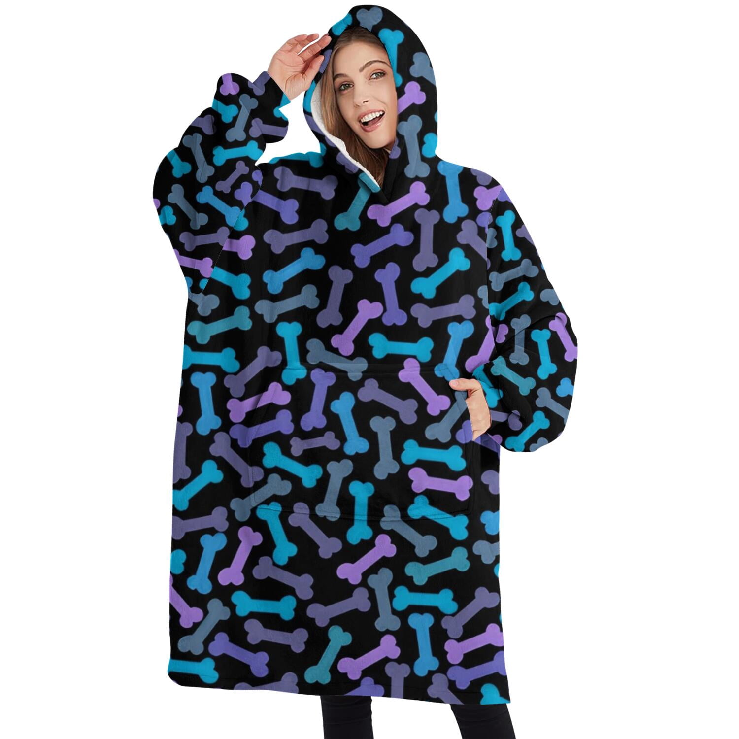Oversized Wearable Blanket Hoodie,Dog Bones Sherpa Blanket Hoodie with Super Pockets,Super Warm Fuzzy Pullover for Women & Men