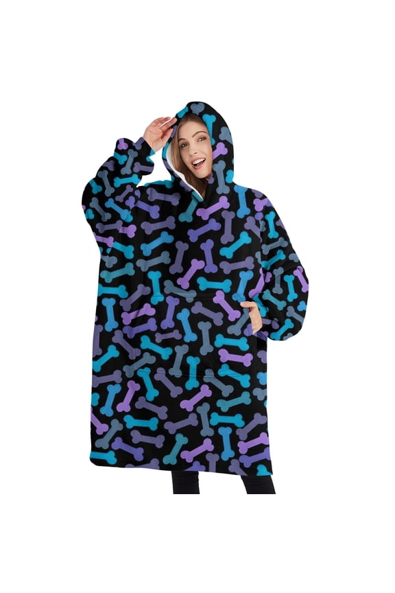 Oversized Wearable Blanket Hoodie,Dog Bones Sherpa Blanket Hoodie with Super Pockets,Super Warm Fuzzy Pullover for Women & Men