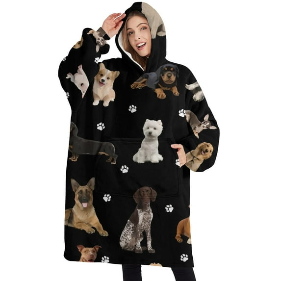 Oversized Wearable Blanket Hoodie,Dog Breeds Sherpa Blanket Hoodie with Super Pockets,Super Warm Fuzzy Pullover for Women & Men