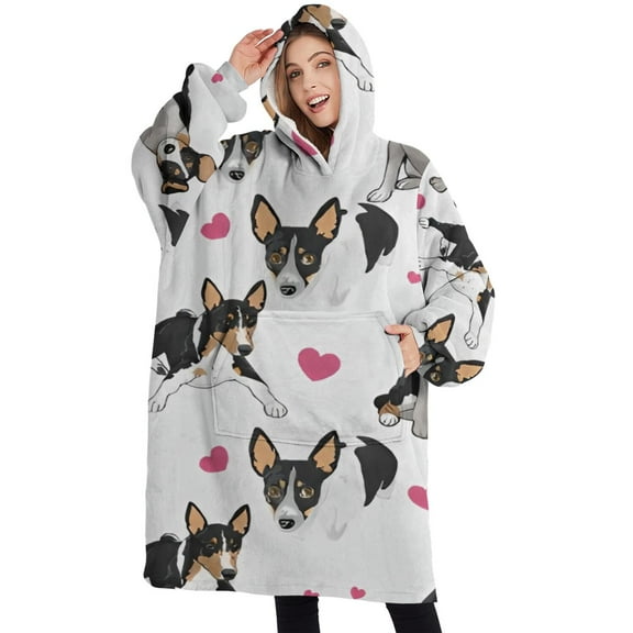 Oversized Wearable Blanket Hoodie,Dog Pattern with Hearts Sherpa Blanket Hoodie with Super Pockets,Super Warm Fuzzy Pullover for Women & Men