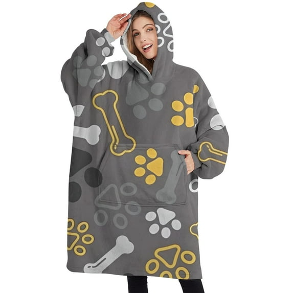 Oversized Wearable Blanket Hoodie,Dog Paw and Bone Sherpa Blanket Hoodie with Super Pockets,Super Warm Fuzzy Pullover for Women & Men