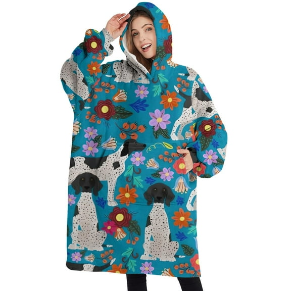 Oversized Wearable Blanket Hoodie,Dog with Pioneer Flower Sherpa Blanket Hoodie with Super Pockets,Super Warm Fuzzy Pullover for Women & Men
