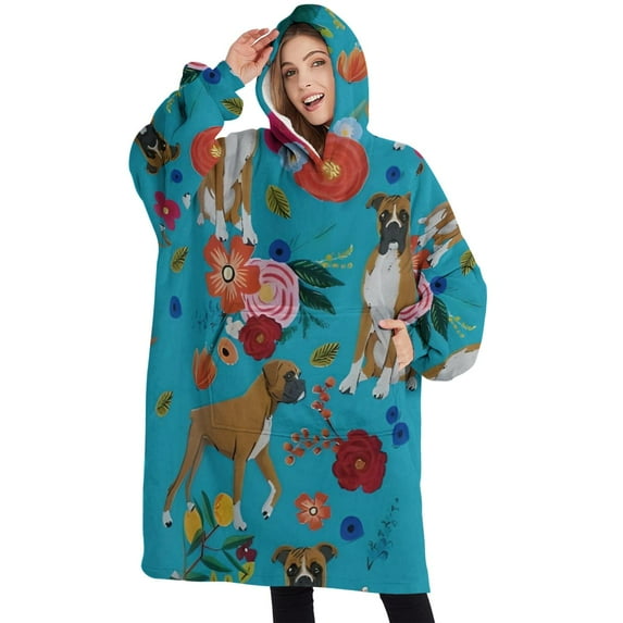 Oversized Wearable Blanket Hoodie,Dogs with Pioneer Flower Sherpa Blanket Hoodie with Super Pockets,Super Warm Fuzzy Pullover for Women & Men