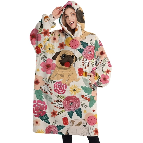 Oversized Wearable Blanket Hoodie,Dogs with Pioneer Flower Sherpa Blanket Hoodie with Super Pockets,Super Warm Fuzzy Pullover for Women & Men