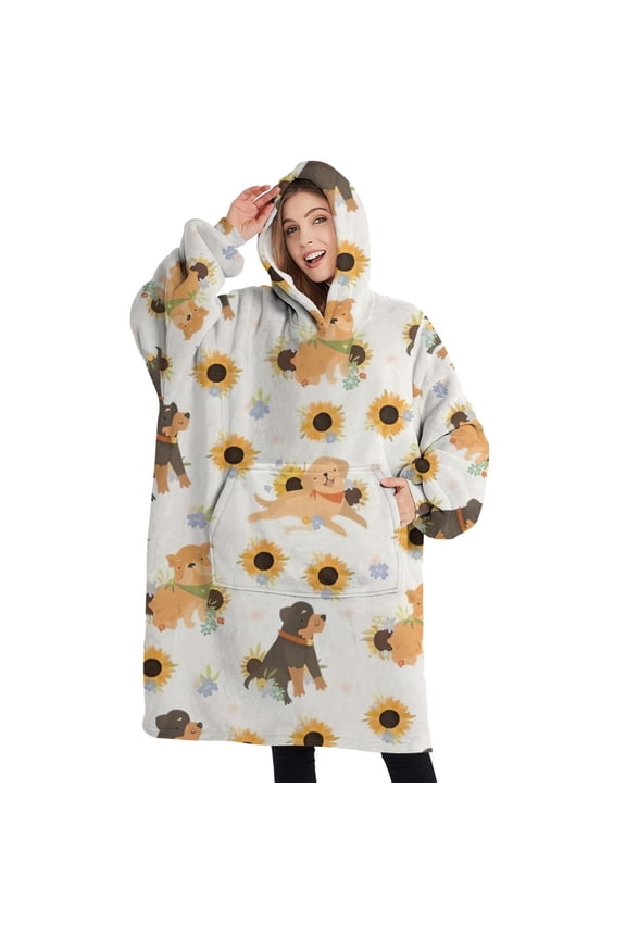 Oversized Wearable Blanket Hoodie,Dogs with Sunflowers Sherpa Blanket Hoodie with Super Pockets,Super Warm Fuzzy Pullover for Women & Men