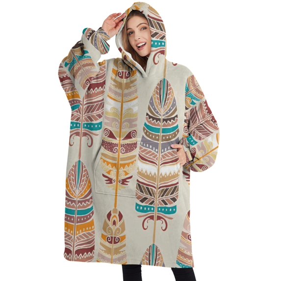 Oversized Wearable Blanket Hoodie,Ethnic - Style Colorful Feather Pattern Sherpa Blanket Hoodie with Super Pockets,Super Warm Fuzzy Pullover for Women & Men
