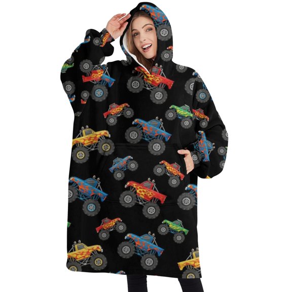 Oversized Wearable Blanket Hoodie,Flame Decorated Monster Trucks Pattern Sherpa Blanket Hoodie with Super Pockets,Super Warm Fuzzy Pullover for Women & Men