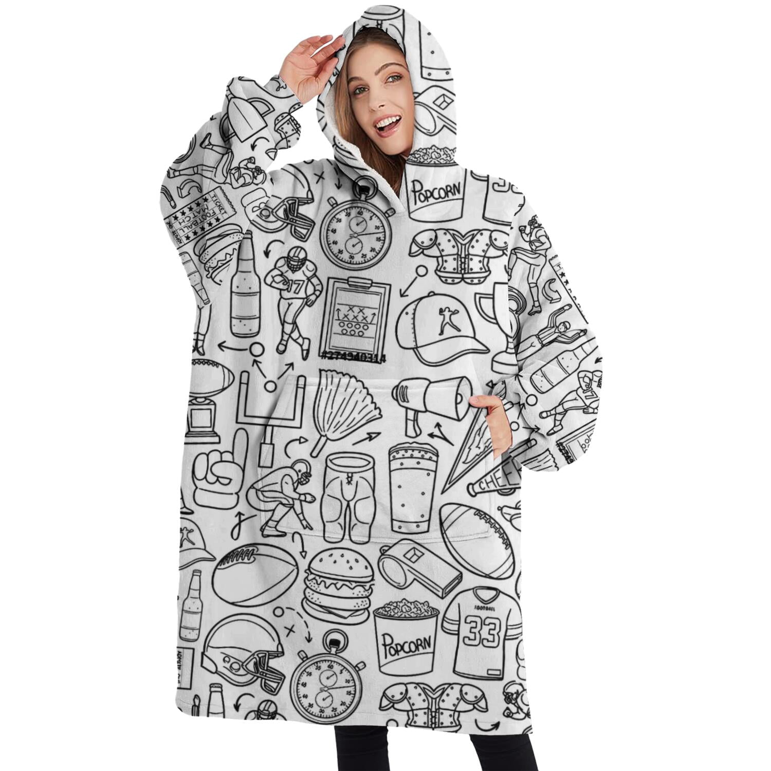 Oversized Wearable Blanket Hoodie,Football Icons Pattern Sherpa Blanket Hoodie with Super Pockets,Super Warm Fuzzy Pullover for Women & Men