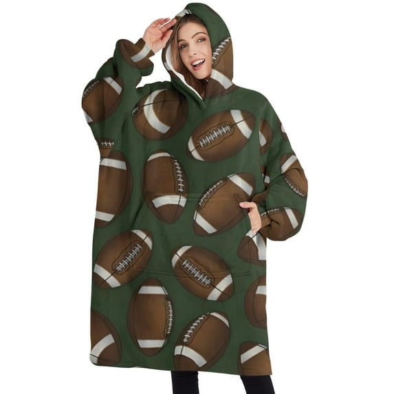 Oversized Wearable Blanket Hoodie,Football Pattern Sherpa Blanket Hoodie with Super Pockets,Super Warm Fuzzy Pullover for Women & Men