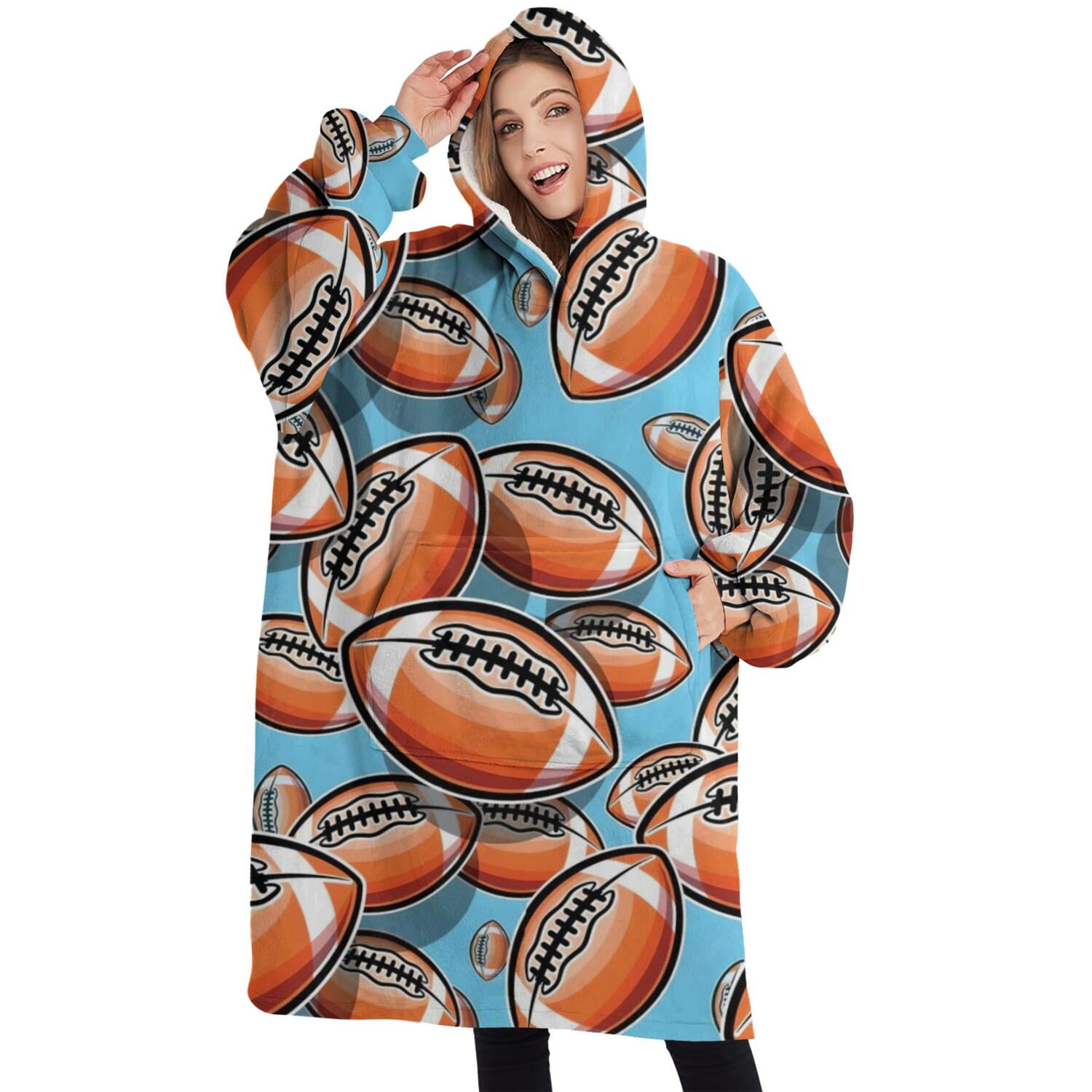Oversized Wearable Blanket Hoodie,Football Sticker Pattern Sherpa Blanket Hoodie with Super Pockets,Super Warm Fuzzy Pullover for Women & Men
