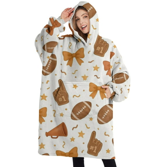 Oversized Wearable Blanket Hoodie,Football and Cheer Goods Pattern Sherpa Blanket Hoodie with Super Pockets,Super Warm Fuzzy Pullover for Women & Men