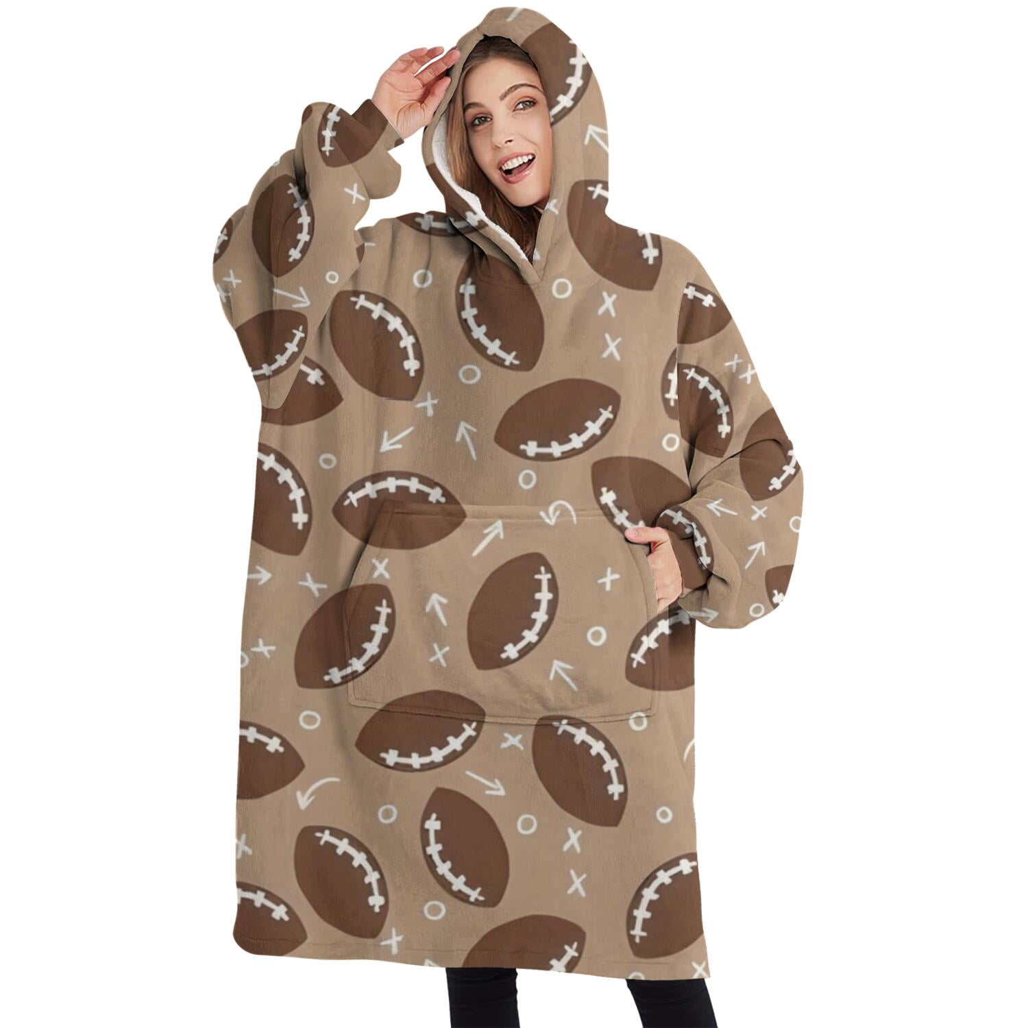Oversized Wearable Blanket Hoodie,Football with Symbols Pattern Sherpa Blanket Hoodie with Super Pockets,Super Warm Fuzzy Pullover for Women & Men