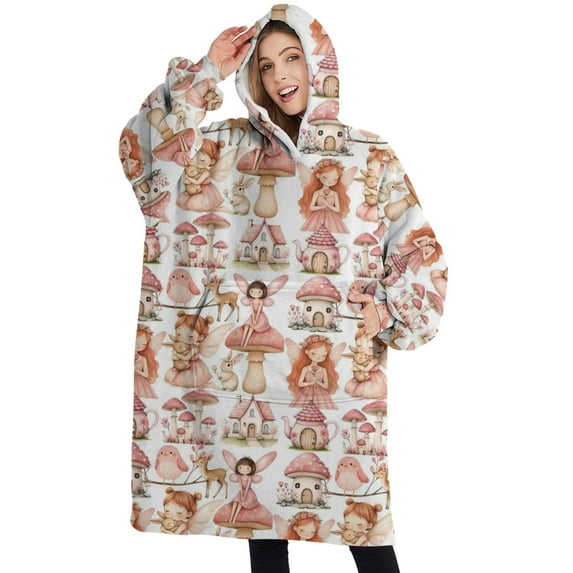 Oversized Wearable Blanket Hoodie,Forest Fairy Princess Pattern Sherpa Blanket Hoodie with Super Pockets,Super Warm Fuzzy Pullover for Women & Men