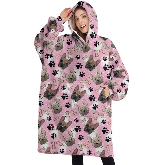 Oversized Wearable Blanket Hoodie,French Bulldog Cute Bone Paw Print Sherpa Blanket Hoodie with Super Pockets,Super Warm Fuzzy Pullover for Women & Men