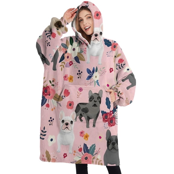 Oversized Wearable Blanket Hoodie,French Bulldog Dog Pattern with Pioneer Flower Sherpa Blanket Hoodie with Super Pockets,Super Warm Fuzzy Pullover for Women & Men