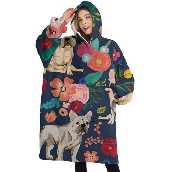 Oversized Wearable Blanket Hoodie,French Bulldog Dog and Pioneer Flower Sherpa Blanket Hoodie with Super Pockets,Super Warm Fuzzy Pullover for Women & Men