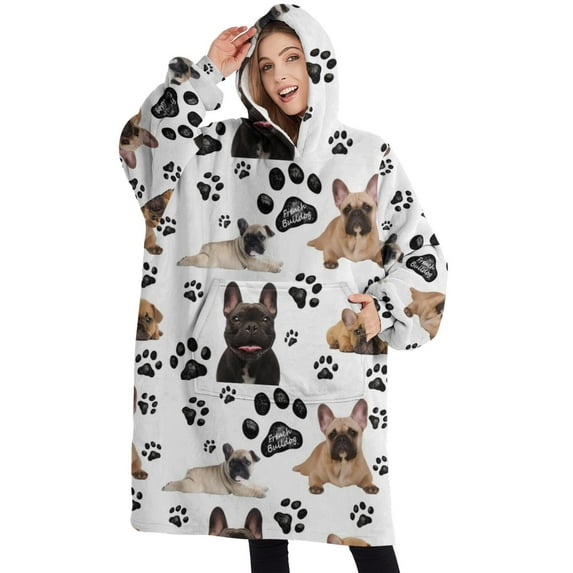 Oversized Wearable Blanket Hoodie,French Bulldog Footprint Sherpa Blanket Hoodie with Super Pockets,Super Warm Fuzzy Pullover for Women & Men