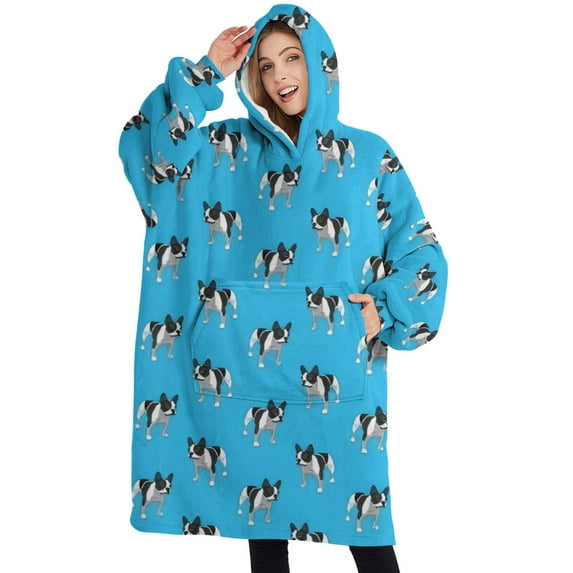 Oversized Wearable Blanket Hoodie,French Bulldog Sherpa Blanket Hoodie with Super Pockets,Super Warm Fuzzy Pullover for Women & Men
