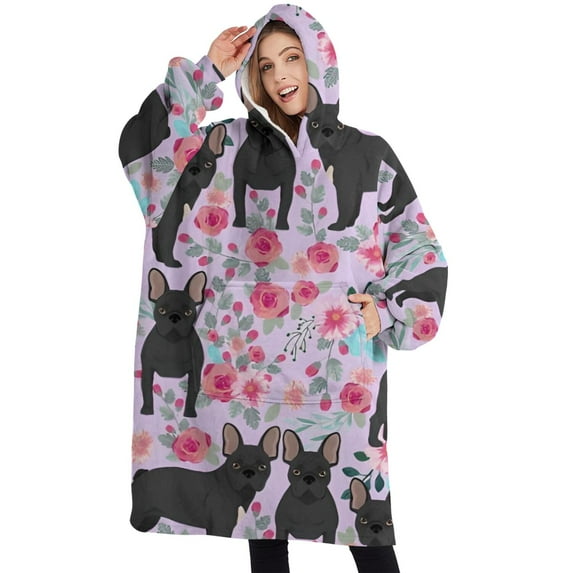 Oversized Wearable Blanket Hoodie,French Bulldog and Flower Sherpa Blanket Hoodie with Super Pockets,Super Warm Fuzzy Pullover for Women & Men