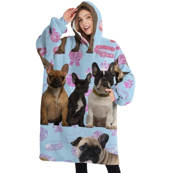 Oversized Wearable Blanket Hoodie,French Bulldogs Sherpa Blanket Hoodie with Super Pockets,Super Warm Fuzzy Pullover for Women & Men