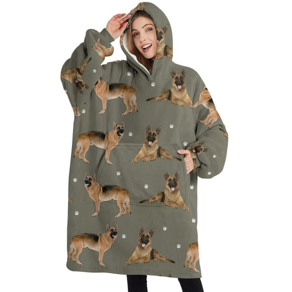 Oversized Wearable Blanket Hoodie,German Shepherd Dog and Footprint Sherpa Blanket Hoodie with Super Pockets,Super Warm Fuzzy Pullover for Women & Men