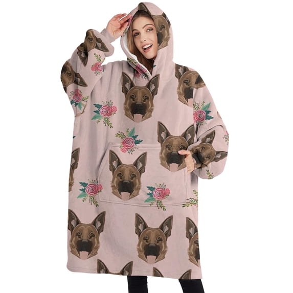 Oversized Wearable Blanket Hoodie,German Shepherd and Pioneer Flower Sherpa Blanket Hoodie with Super Pockets,Super Warm Fuzzy Pullover for Women & Men